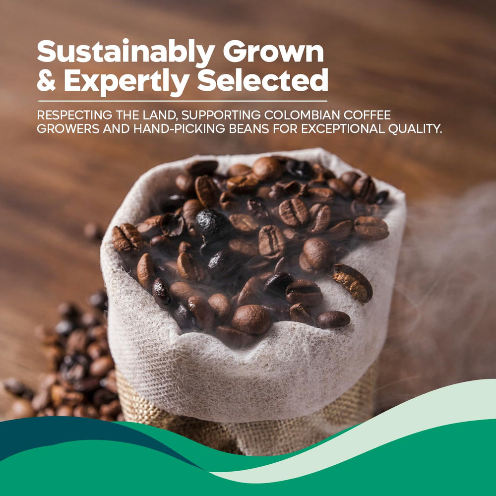 Juan Valdez Finca Dark Roast sustainability banner highlighting Rainforest Alliance.