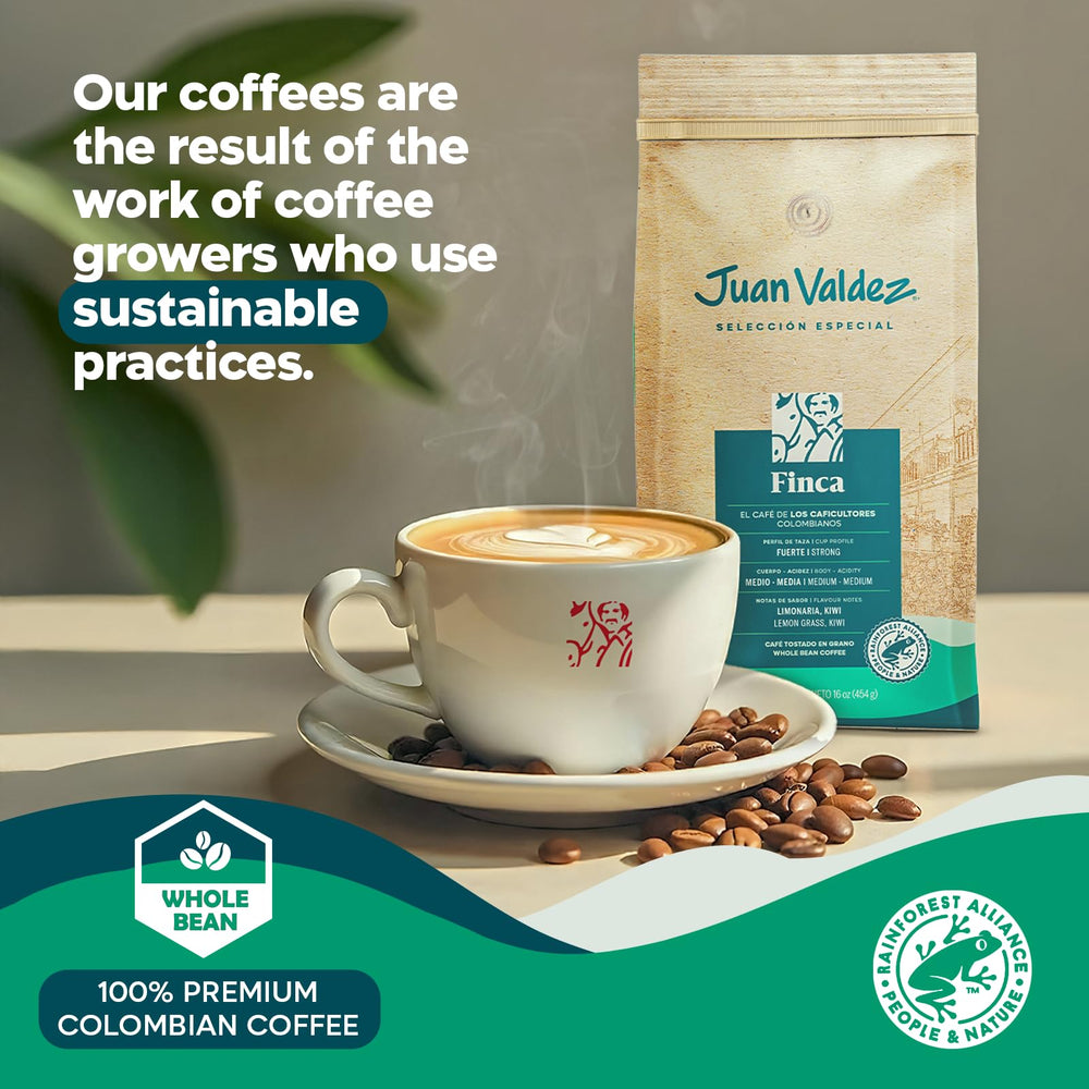 Juan Valdez Finca Dark Roast whole beans package preserving aroma for rich brews.