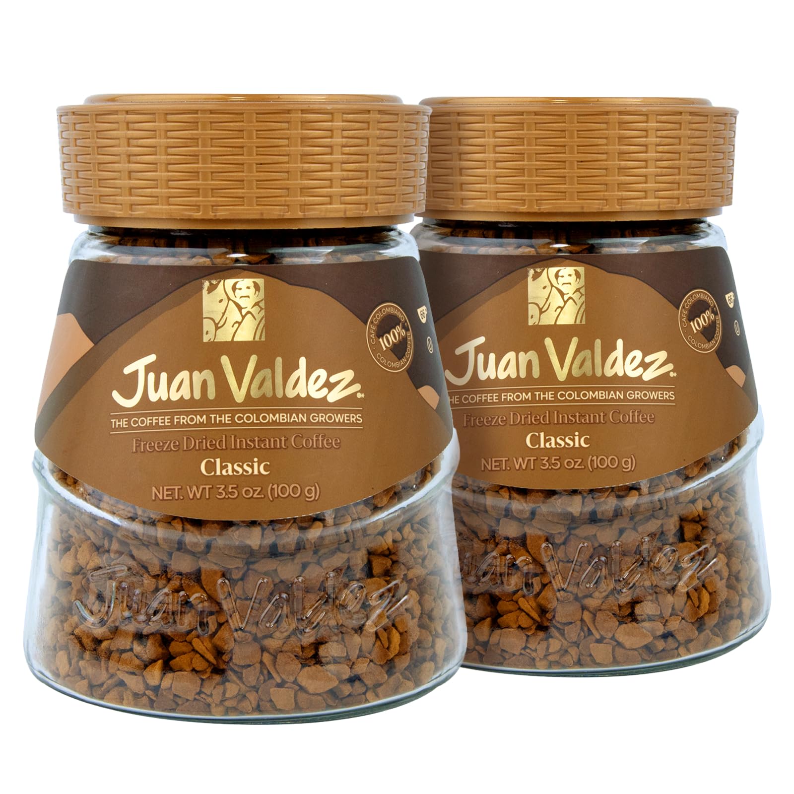 Juan Valdez freeze-dried coffee jar front showcases premium Colombian aroma for instant enjoyment.