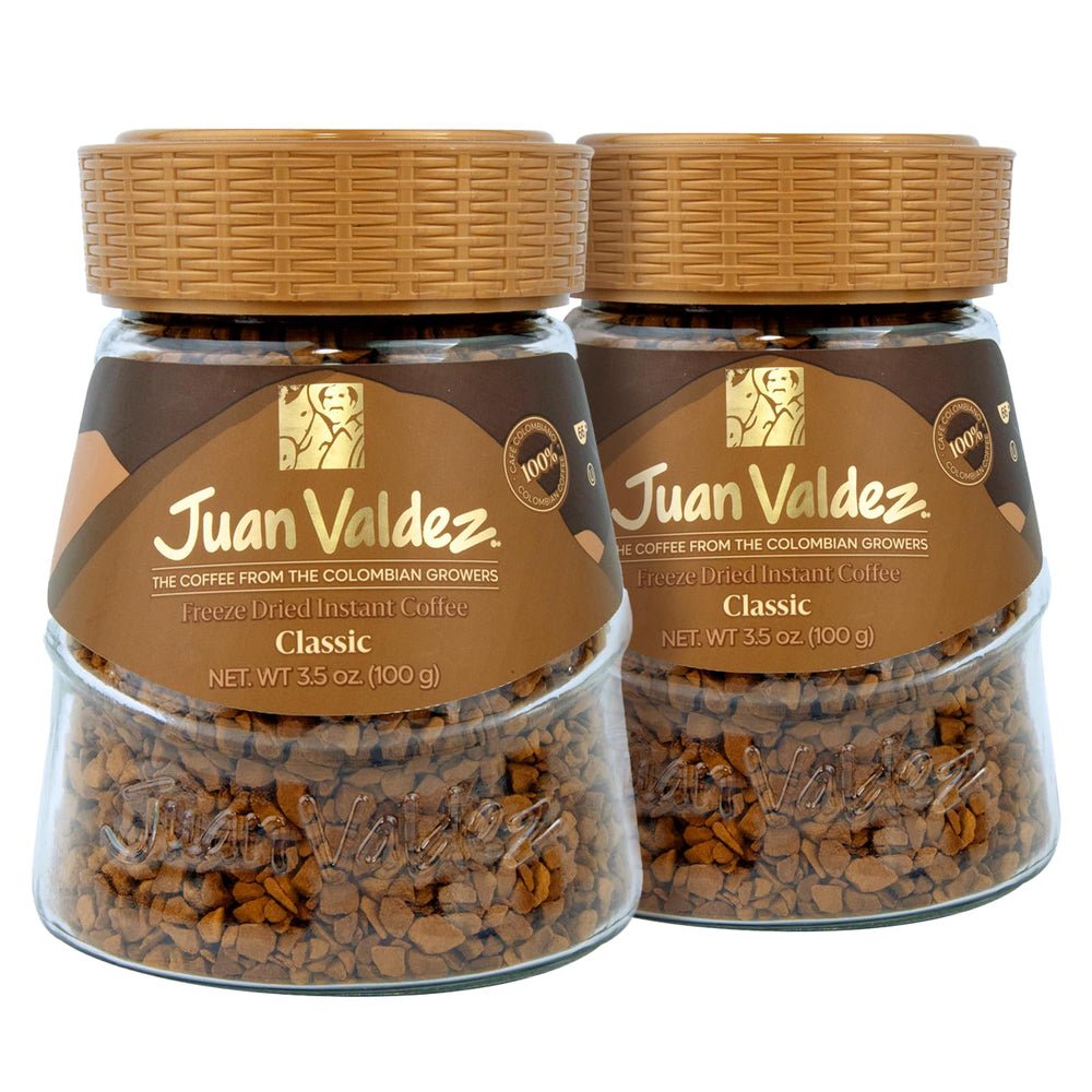 Juan Valdez freeze-dried coffee jar front showcases premium Colombian aroma for instant enjoyment.