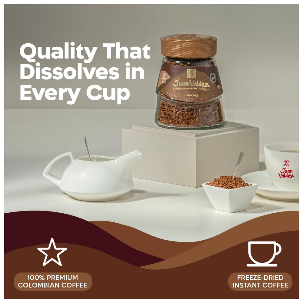 Juan Valdez freeze-dried coffee bottle side label emphasizes kosher and quality.