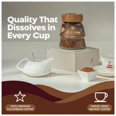 Juan Valdez freeze-dried coffee bottle side label emphasizes kosher and quality.