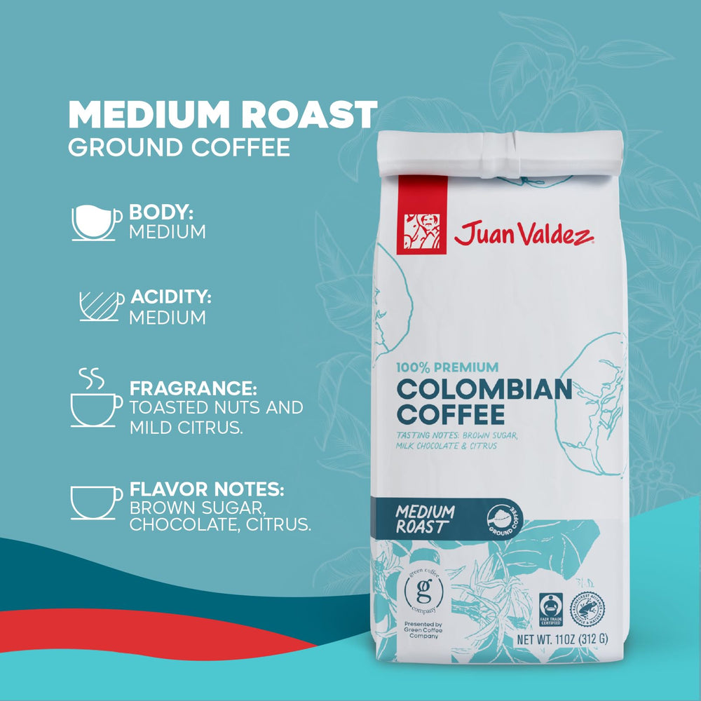 Juan Valdez pour-ready ground coffee beside a French press