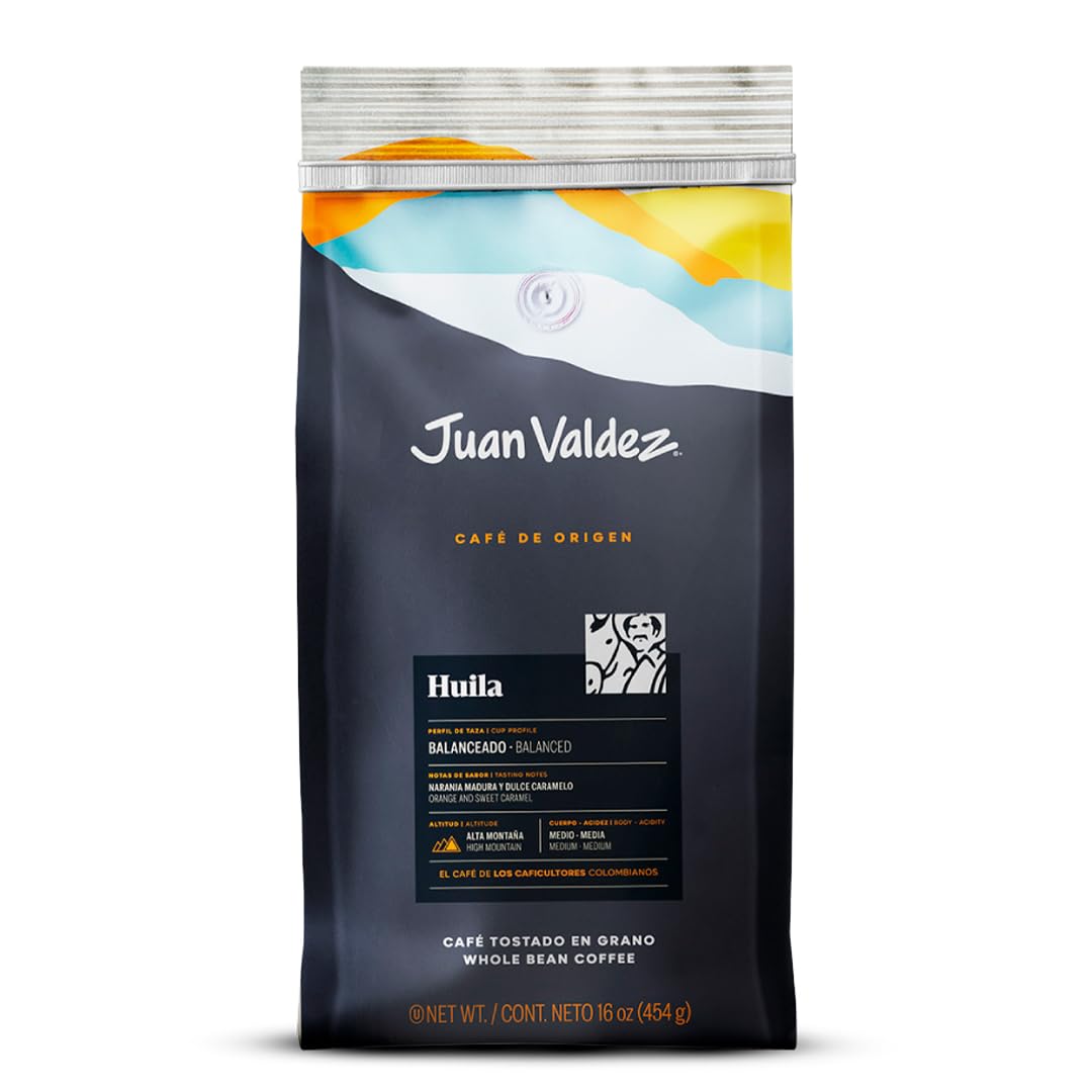 Juan Valdez Huila whole beans close-up, uniform size ideal for balanced grinding.