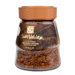 Juan Valdez instant coffee granules dissolve in seconds for hot or cold drinks.