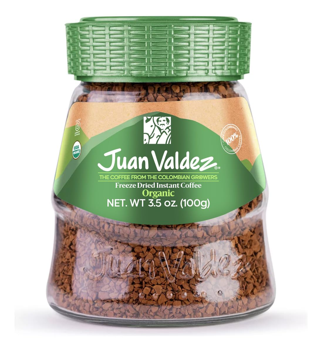 Juan Valdez Organic Freeze Dried Coffee classic flavor jar ready for hot brew.
