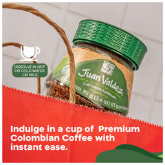 Hot brew ready with Juan Valdez Organic Freeze Dried Coffee classic flavor.
