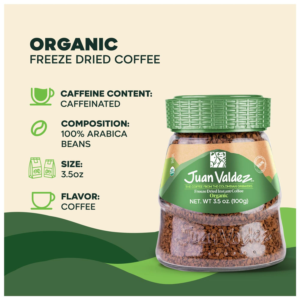 Steaming cup of Juan Valdez Organic Freeze Dried Coffee aroma.