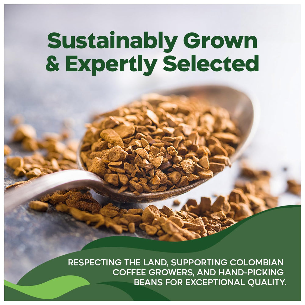 3.35 oz label on Juan Valdez Organic Freeze Dried Coffee packaging.