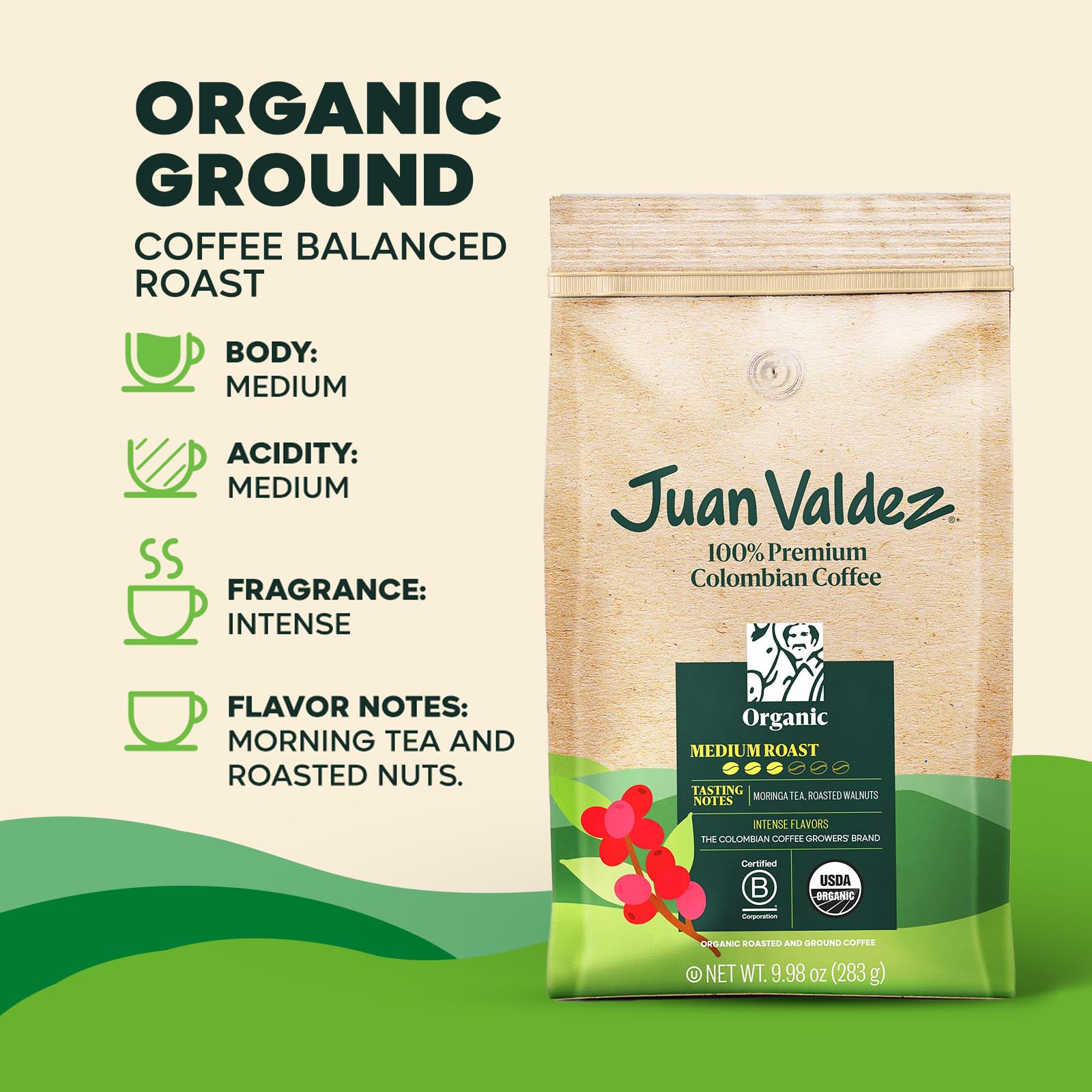 Juan Valdez Organic Ground Coffee balanced roast aroma-steam—inviting scent for your coffee ritual