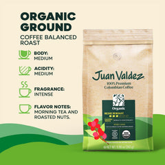 Juan Valdez Organic Ground Coffee balanced roast aroma-steam—inviting scent for your coffee ritual