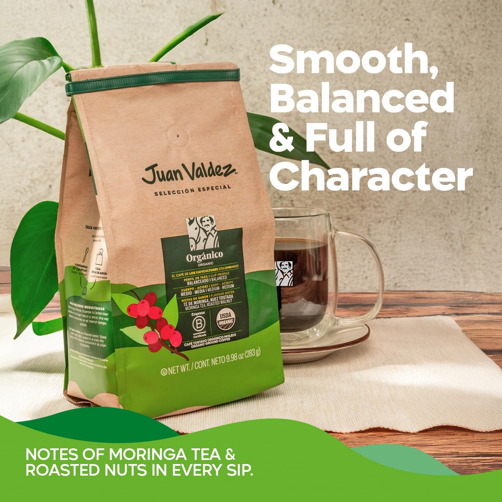 Juan Valdez Organic Ground Coffee balanced roast brew-setup—easy pour-over and consistent taste