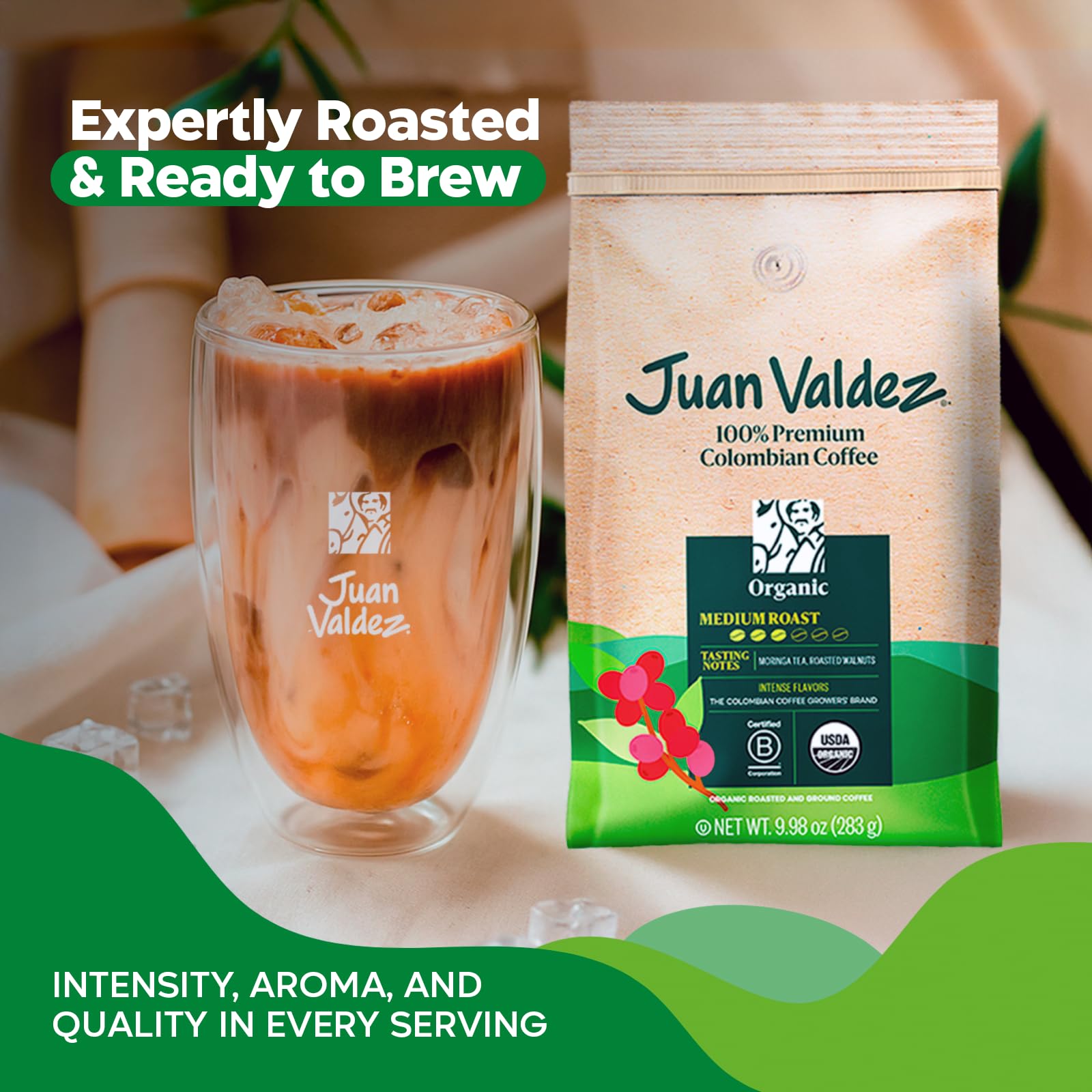 Juan Valdez Organic Ground Coffee balanced roast cup—smooth body and clean finish