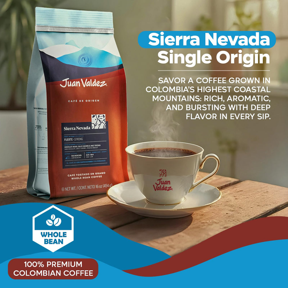 Juan Valdez Sierra Nevada coffee bag closeup emphasizing premium aroma ideal for grinding fresh