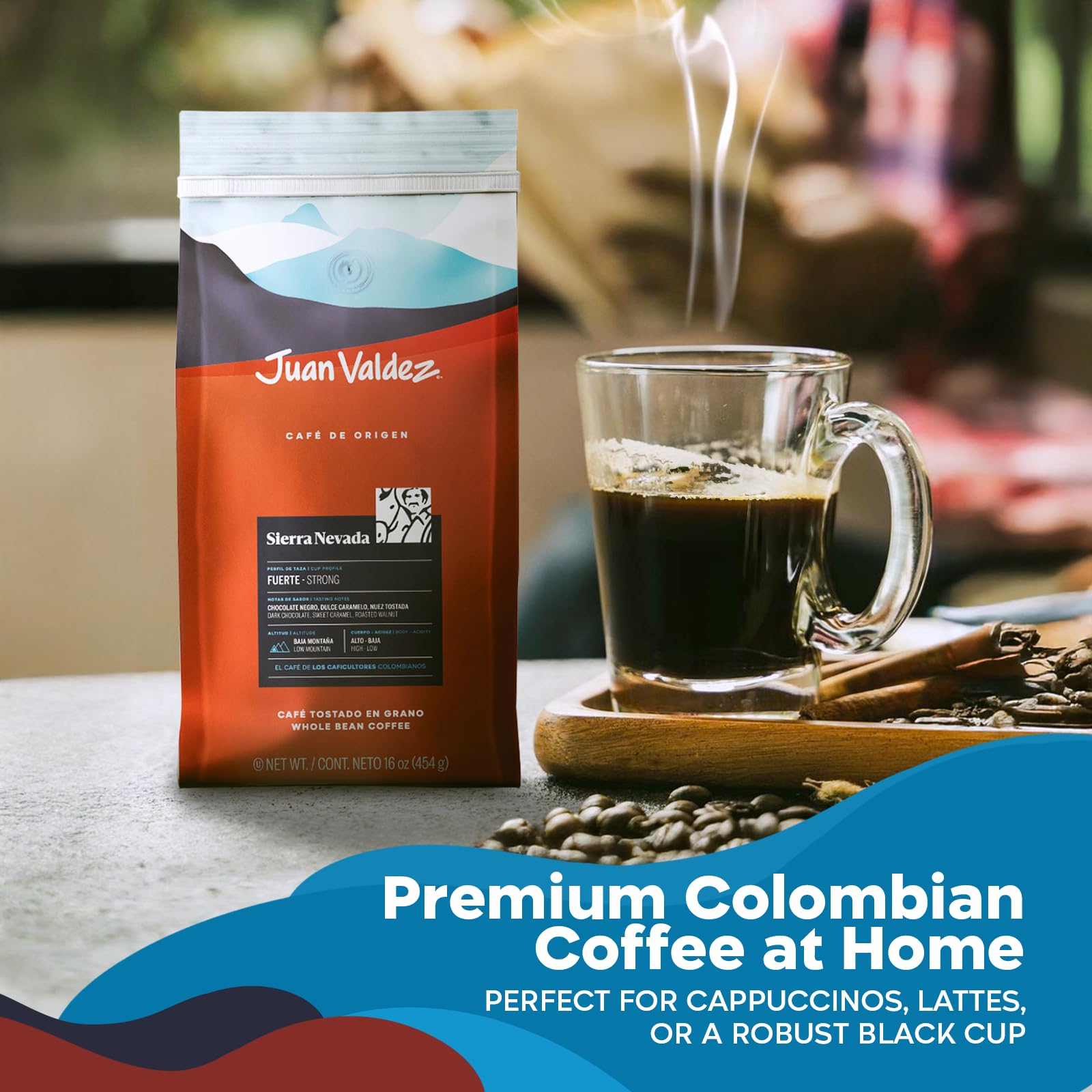 Juan Valdez Sierra Nevada coffee in cup suggesting bold black brew