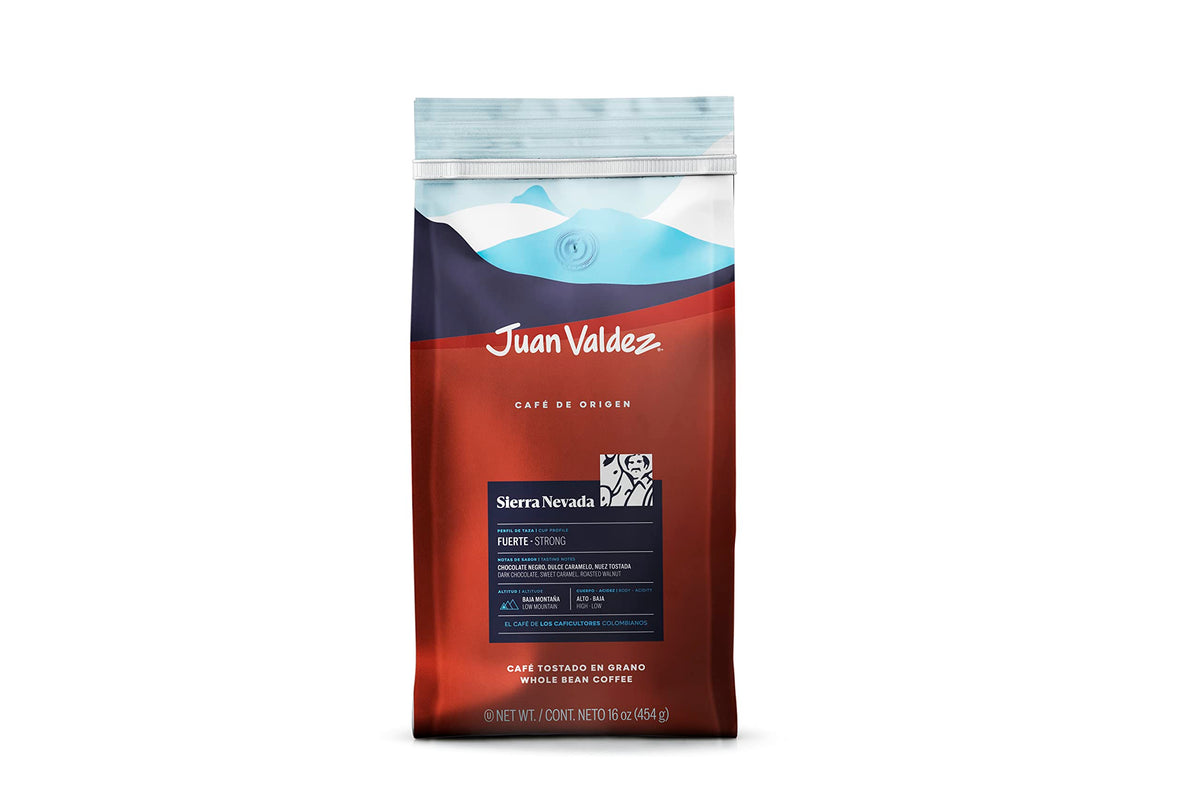 Juan Valdez Sierra Nevada whole bean coffee pack shot highlighting bold aroma for morning brewing