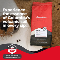 Pour-over display of Juan Valdez Volcan coffee showing bold flavor