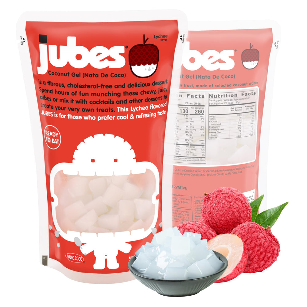 Jubes lychee coconut jelly cubes for a juicy bite in bubble tea and desserts.