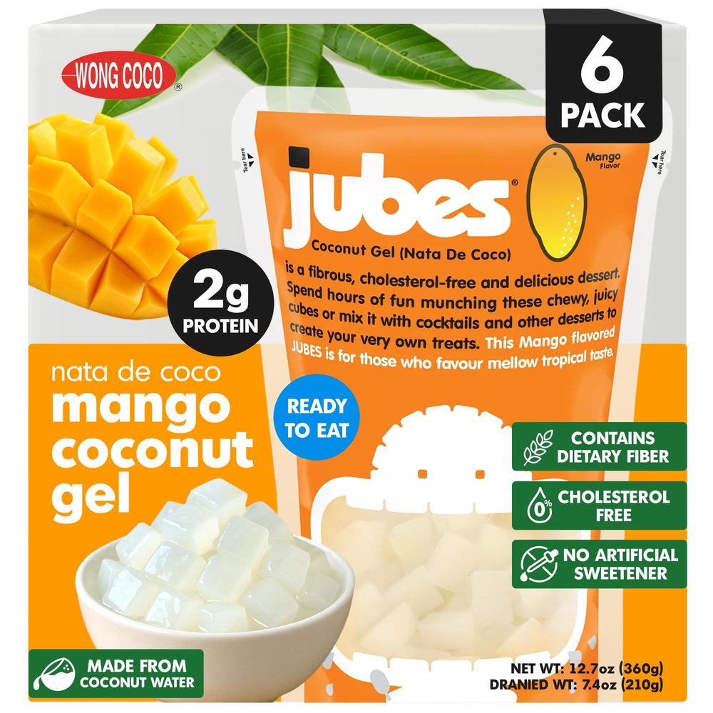 Jubes mango nata de coco jelly cubes close-up in syrup for tropical flavor