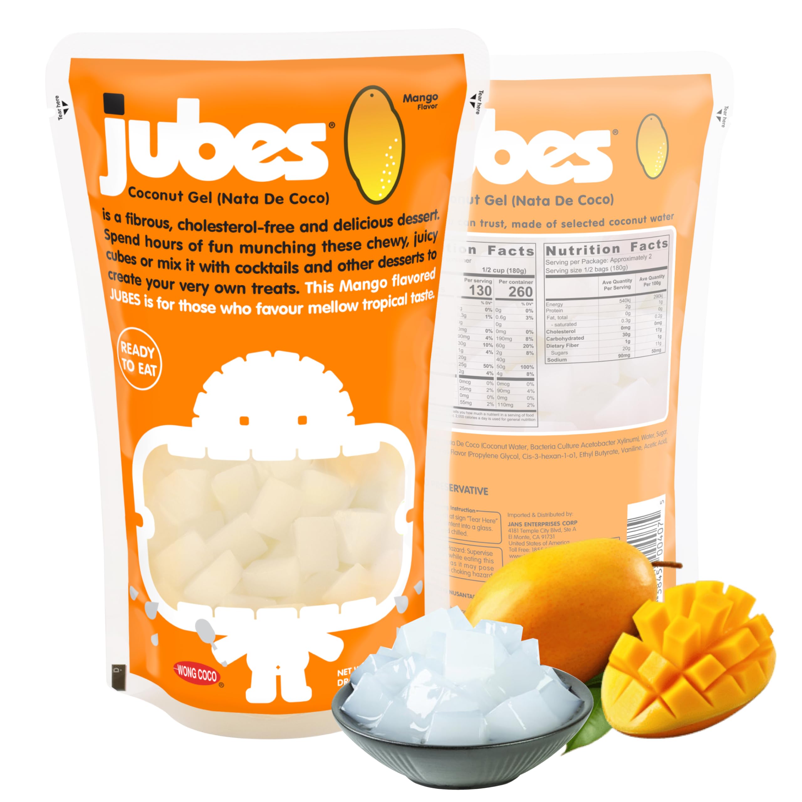 Jubes Mango Nata de Coco Jelly Cubes package front shows vibrant topping for drinks