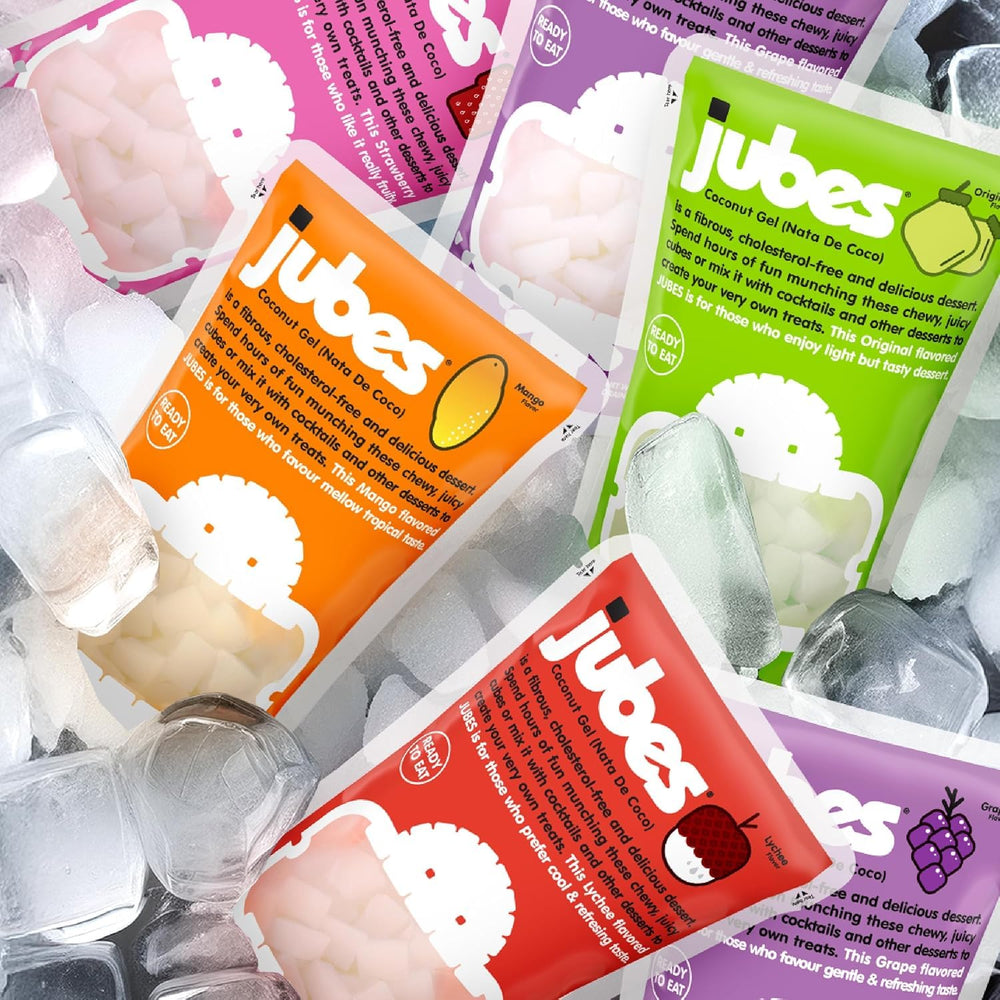 Pack of Jubes jelly cubes in syrup, ready for party toppings.