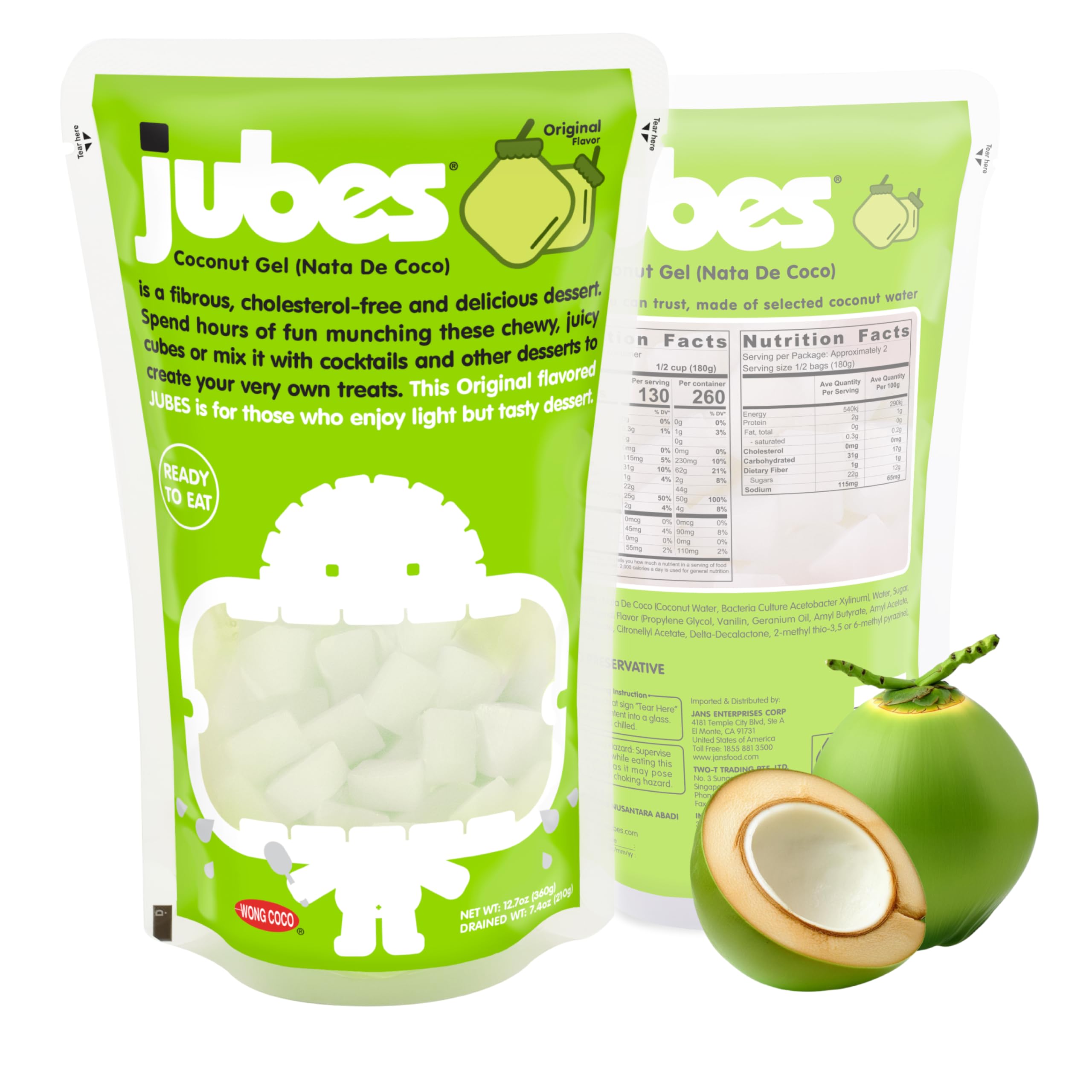 Jubes Pandan Nata De Coco jelly cubes in a jar add vibrant tropical flavor to drinks.