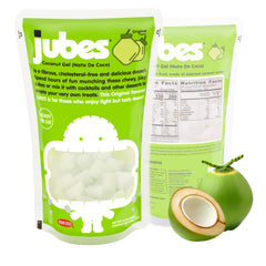 Jubes Pandan Nata De Coco jelly cubes in a jar add vibrant tropical flavor to drinks.