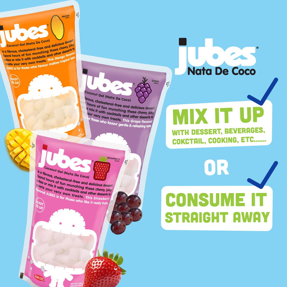 Jubes six-pack cups of coconut jelly in syrup for easy storage and serving.