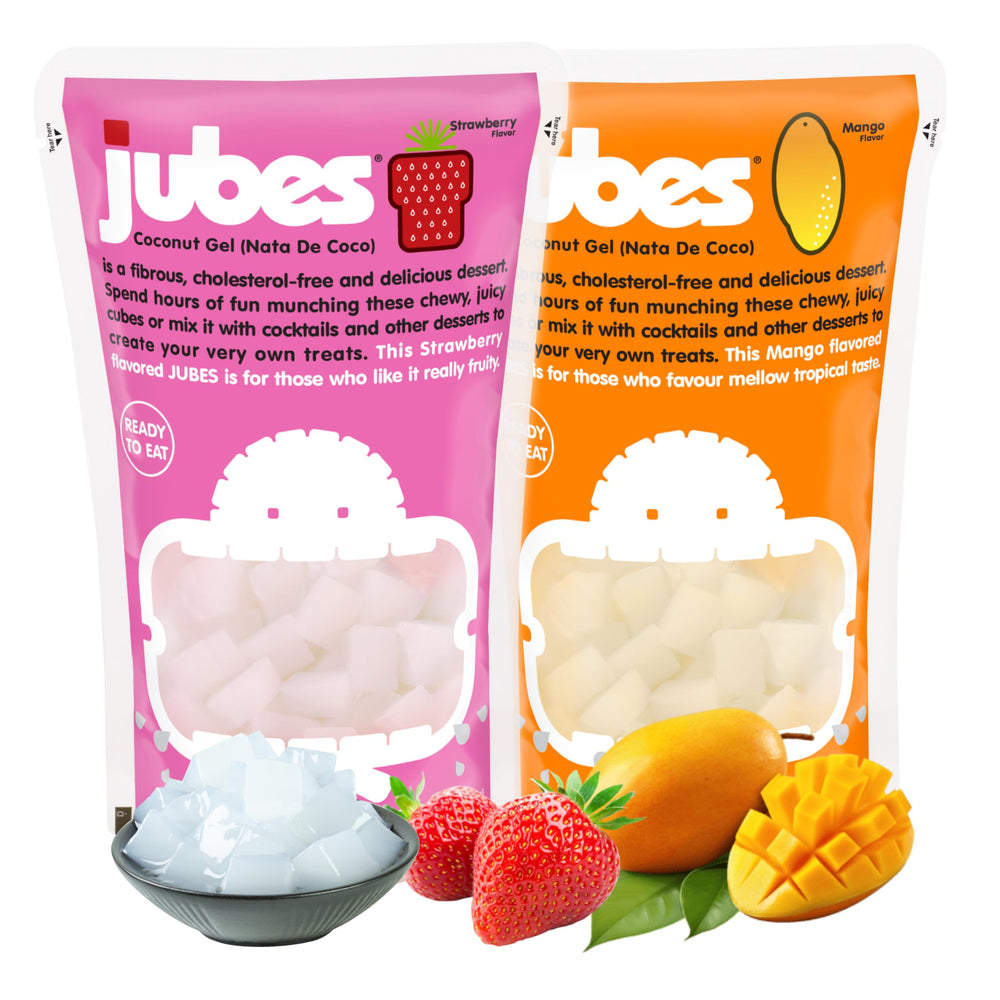 Jubes strawberry-mango nata de coco jelly cubes for drinks and desserts.