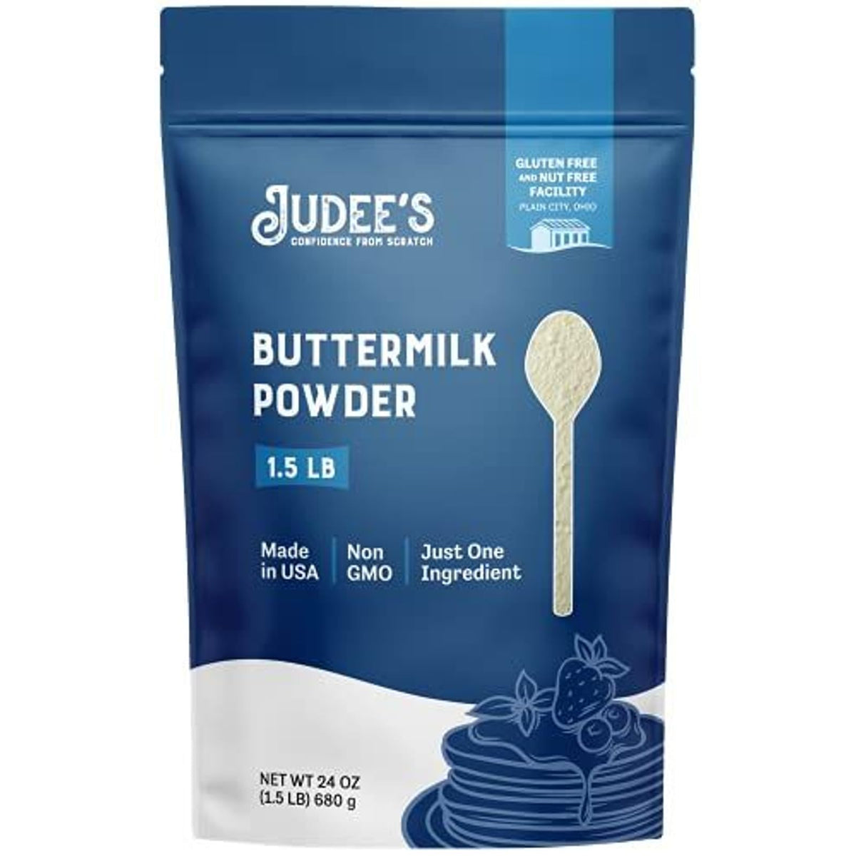 Judee's Gluten Free Buttermilk Powder packaging shows shelf-stable freshness for baking