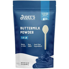 Judee's Gluten Free Buttermilk Powder packaging shows shelf-stable freshness for baking