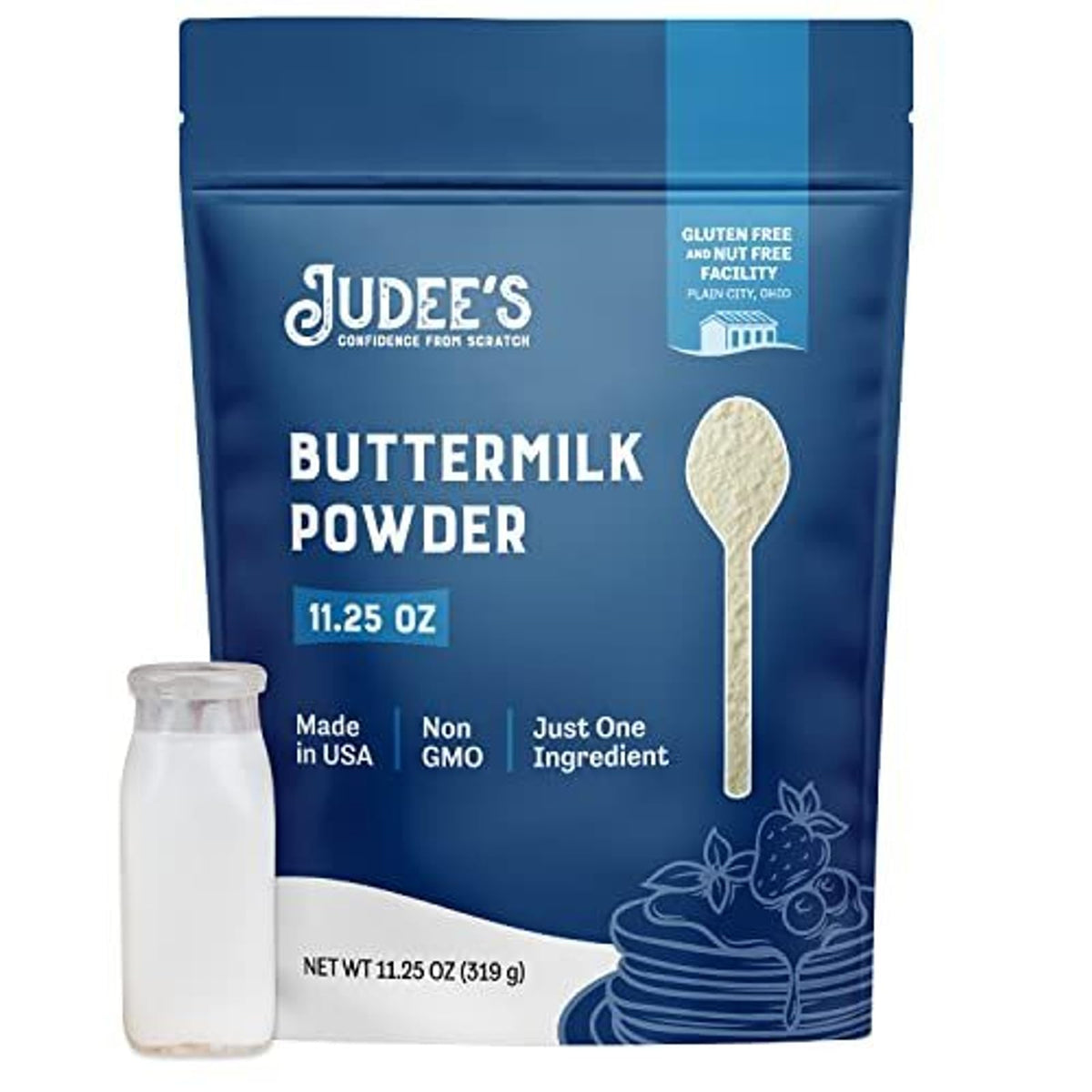 Judee's gluten free buttermilk powder in a pantry jar for quick baking prep