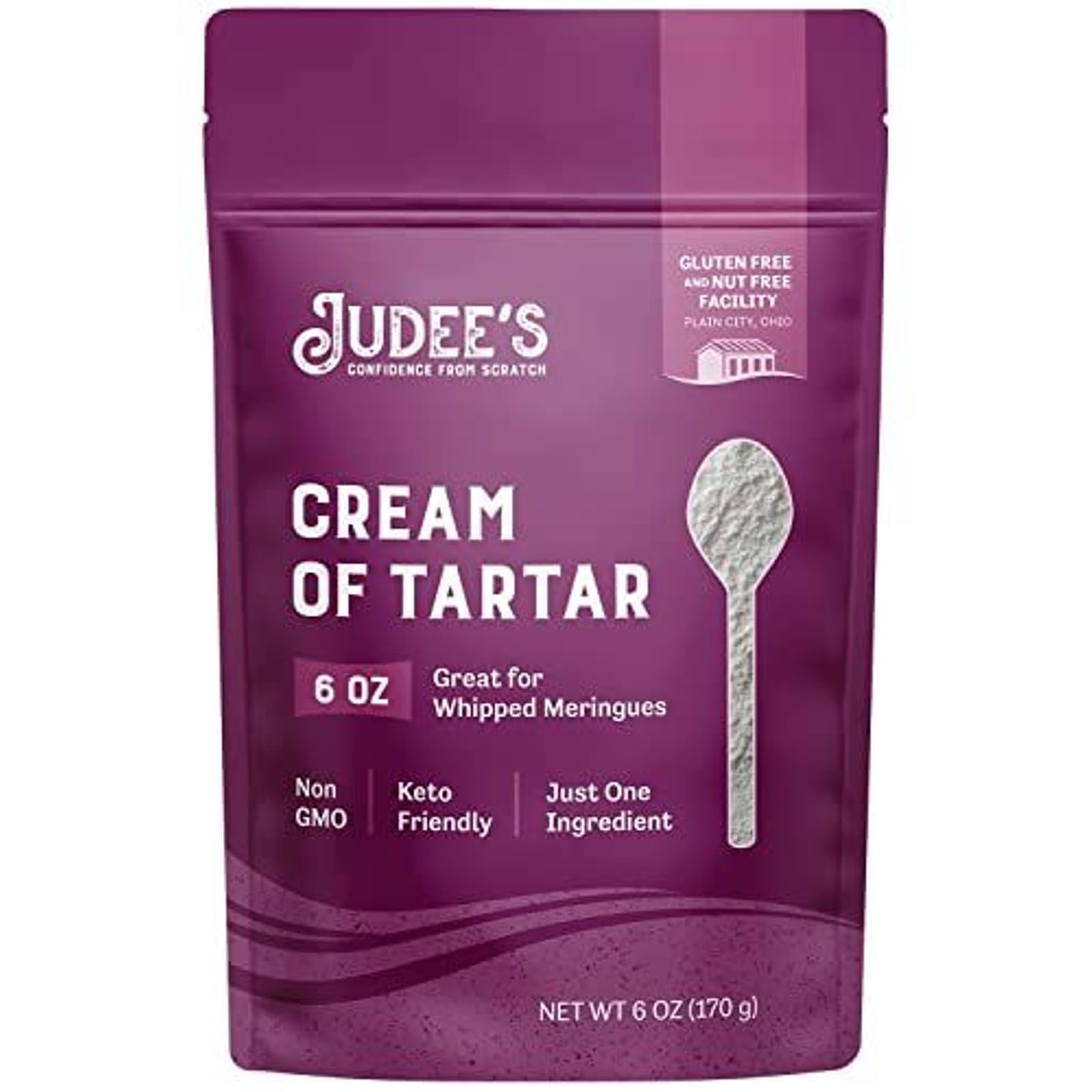 Judee's Gluten Free Cream of Tartar packaging bag showcases resealability for fresh gluten-free baking.