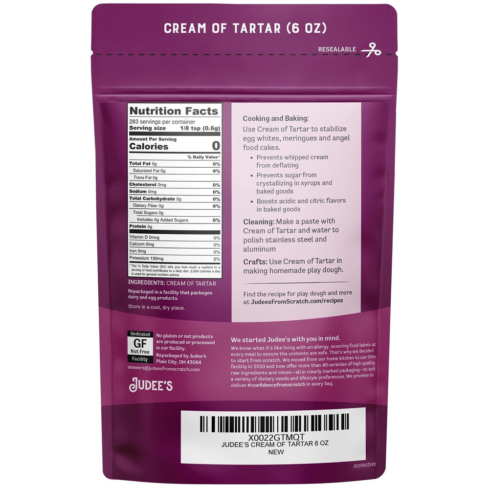 Judee's Cream of Tartar powder closeup reveals fine texture for whipped cream stability.
