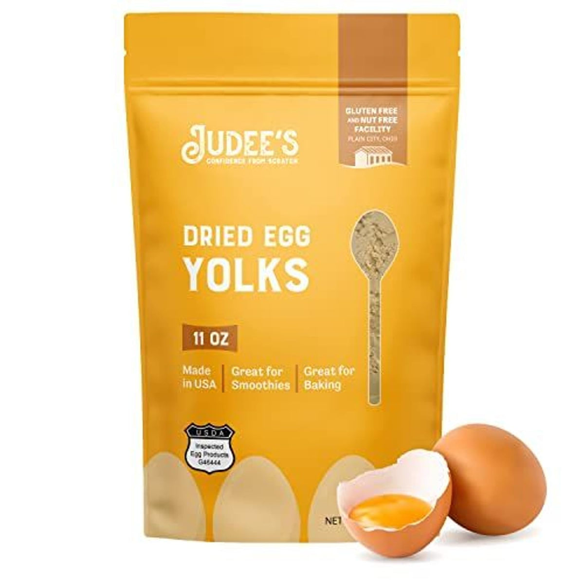 Judee's Gluten Free dried egg yolk powder bottle pour for easy dosing.