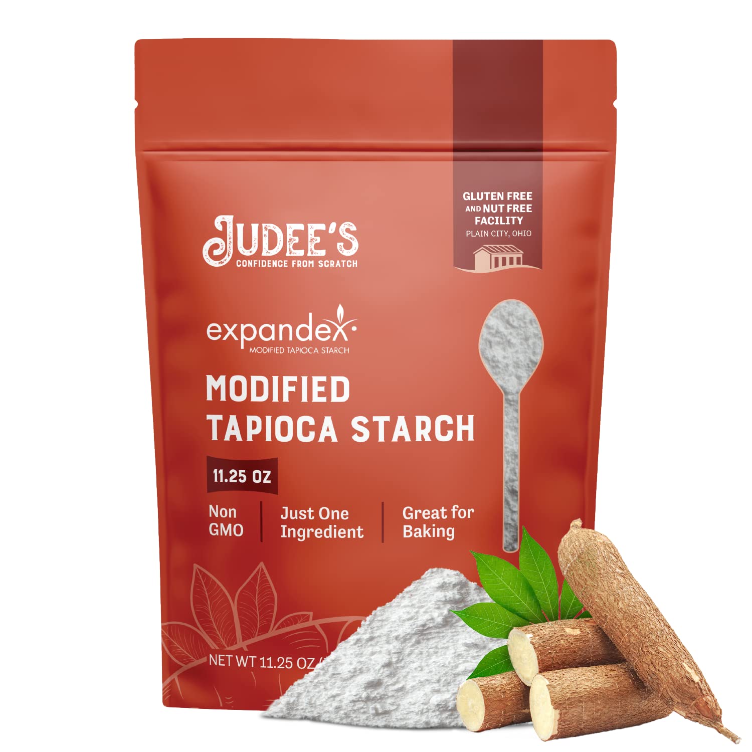 Judee's Expandex tapioca starch powder beside a bag improves baking texture.