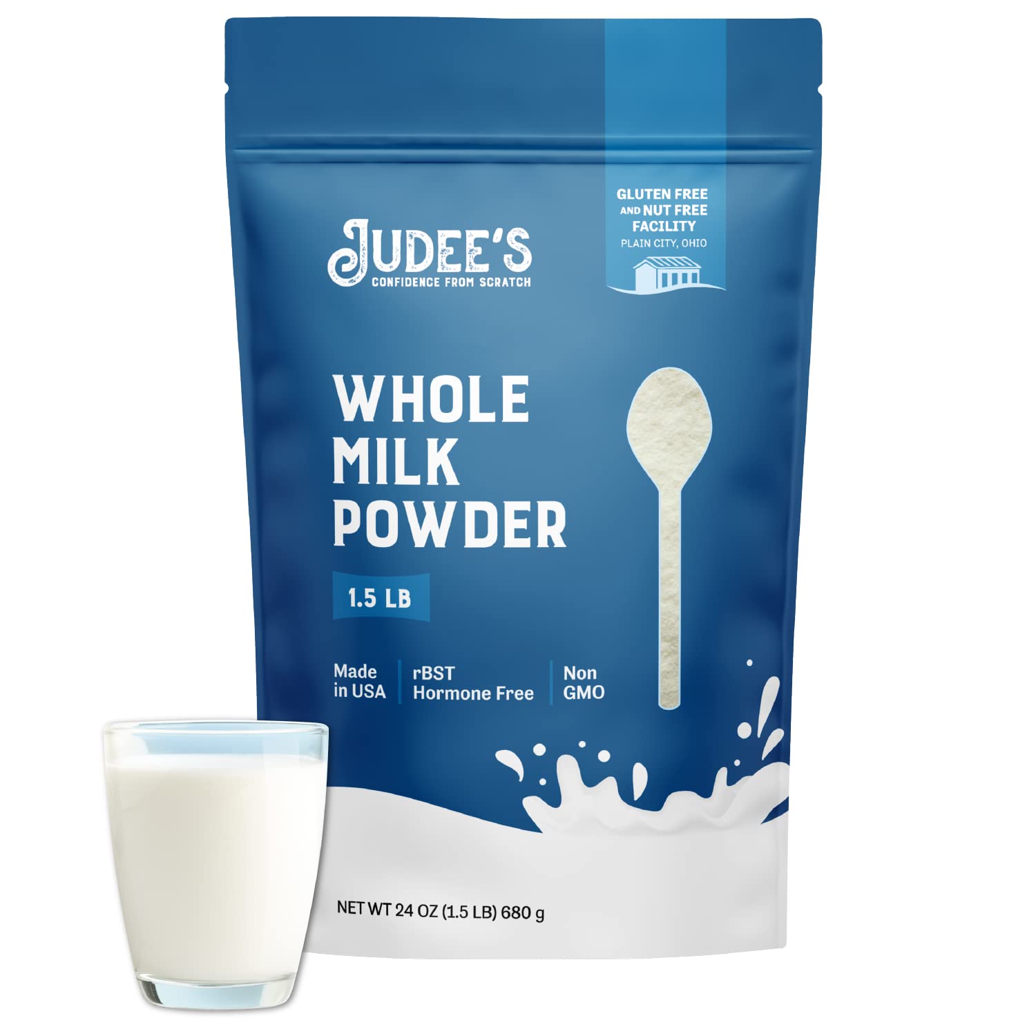 Judee's Gluten Free Powdered Milk bottle pour showing creamy versatility for recipes