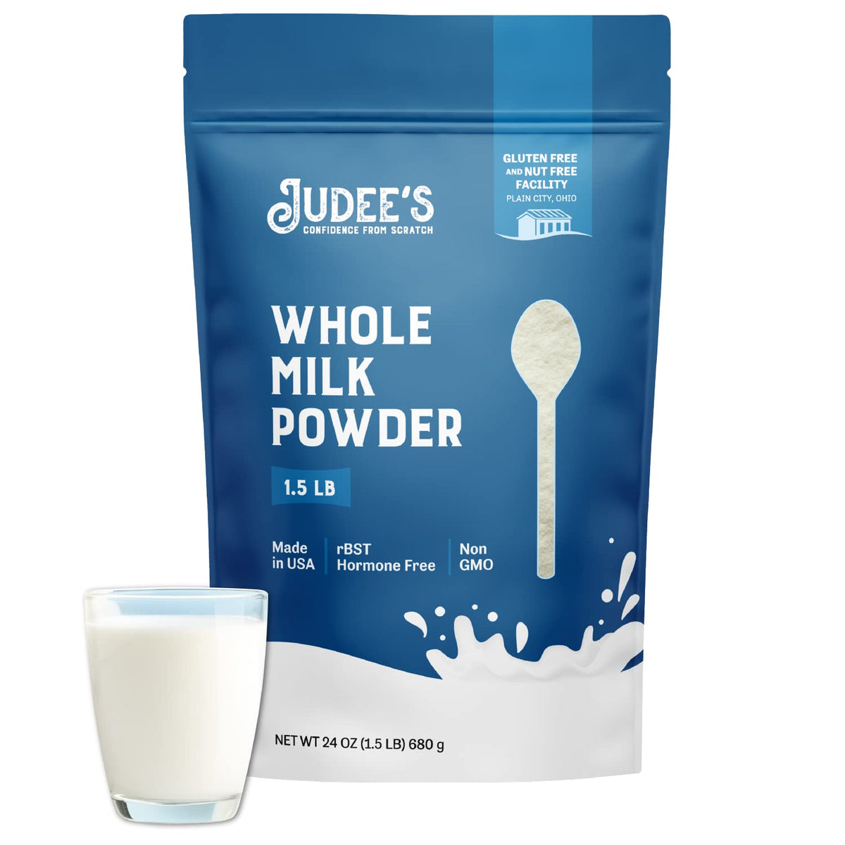Judee's Gluten Free Powdered Milk bottle pour showing creamy versatility for recipes