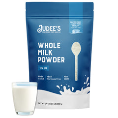 Judee's Gluten Free Powdered Milk bottle pour showing creamy versatility for recipes
