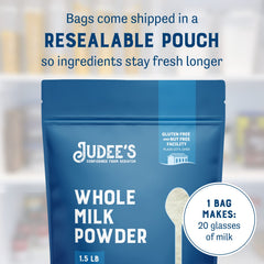 Judee's Gluten Free Powdered Milk pantry storage scene highlighting long shelf life