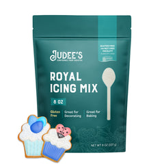 Judee's Gluten Free Royal Icing Mix packaging in a stand-up pouch keeps icing fresh