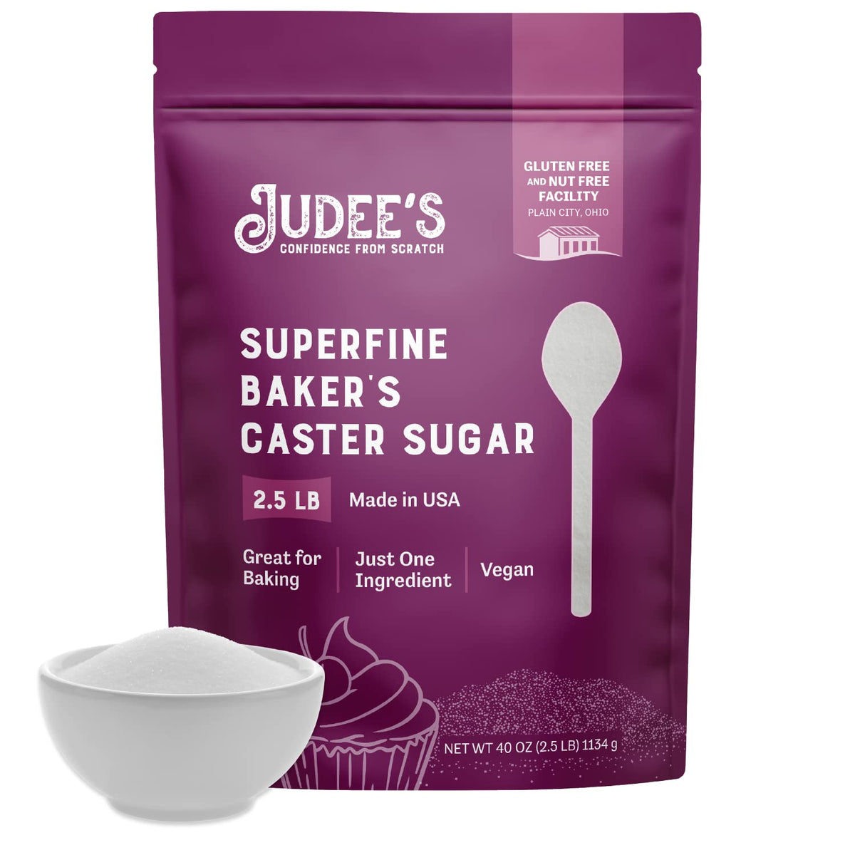 Judee's Gluten Free superfine caster sugar in a 2.5 lb resealable pouch for freshness