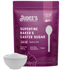 Judee's Gluten Free superfine caster sugar in a 2.5 lb resealable pouch for freshness