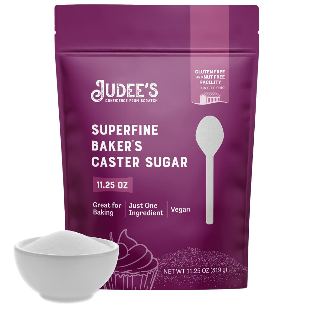 Judee's Gluten Free superfine caster sugar packaging front, ideal for gluten-free baking.
