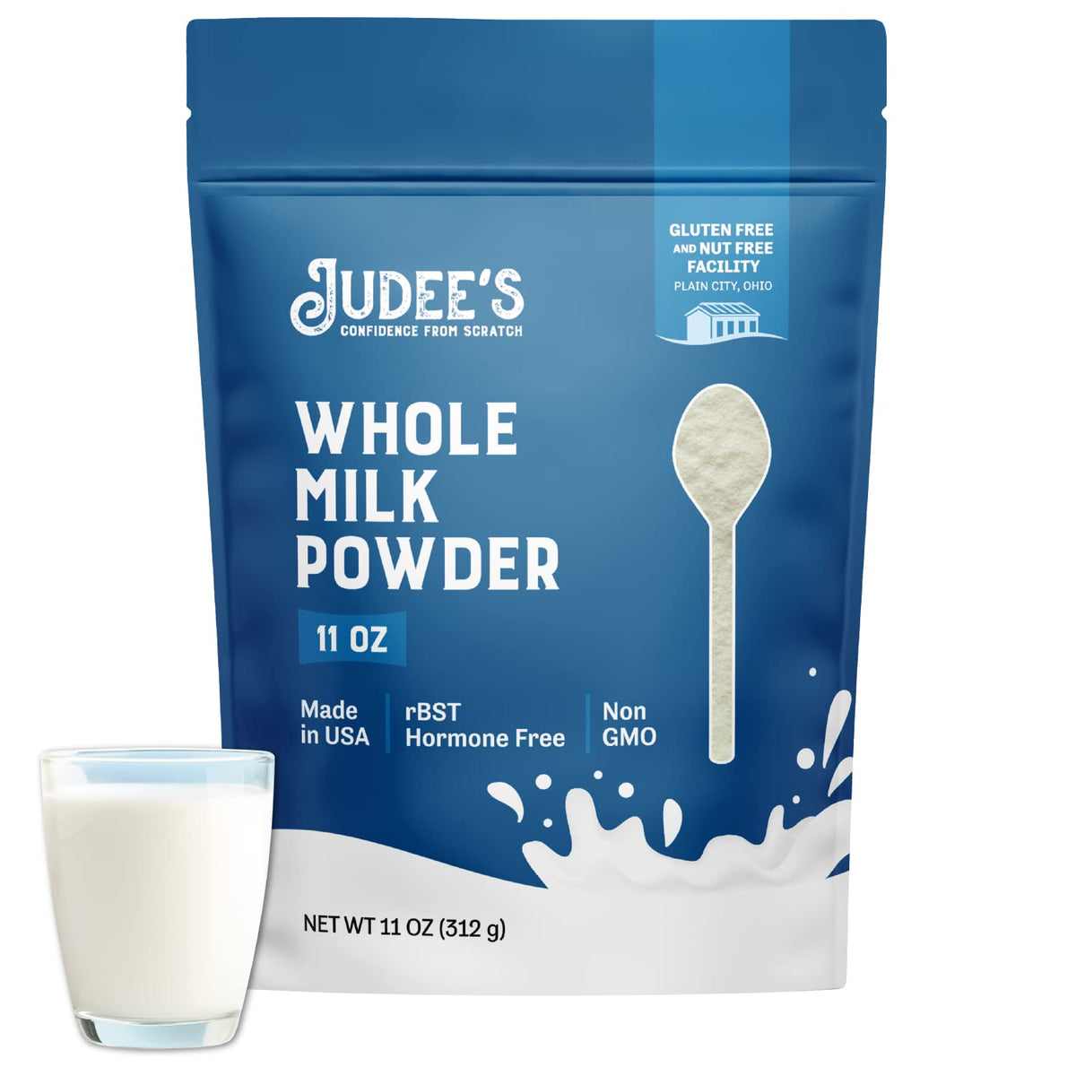 Judee's Gluten Free Whole Milk Powder bottle front view for shelf-stable creaminess.