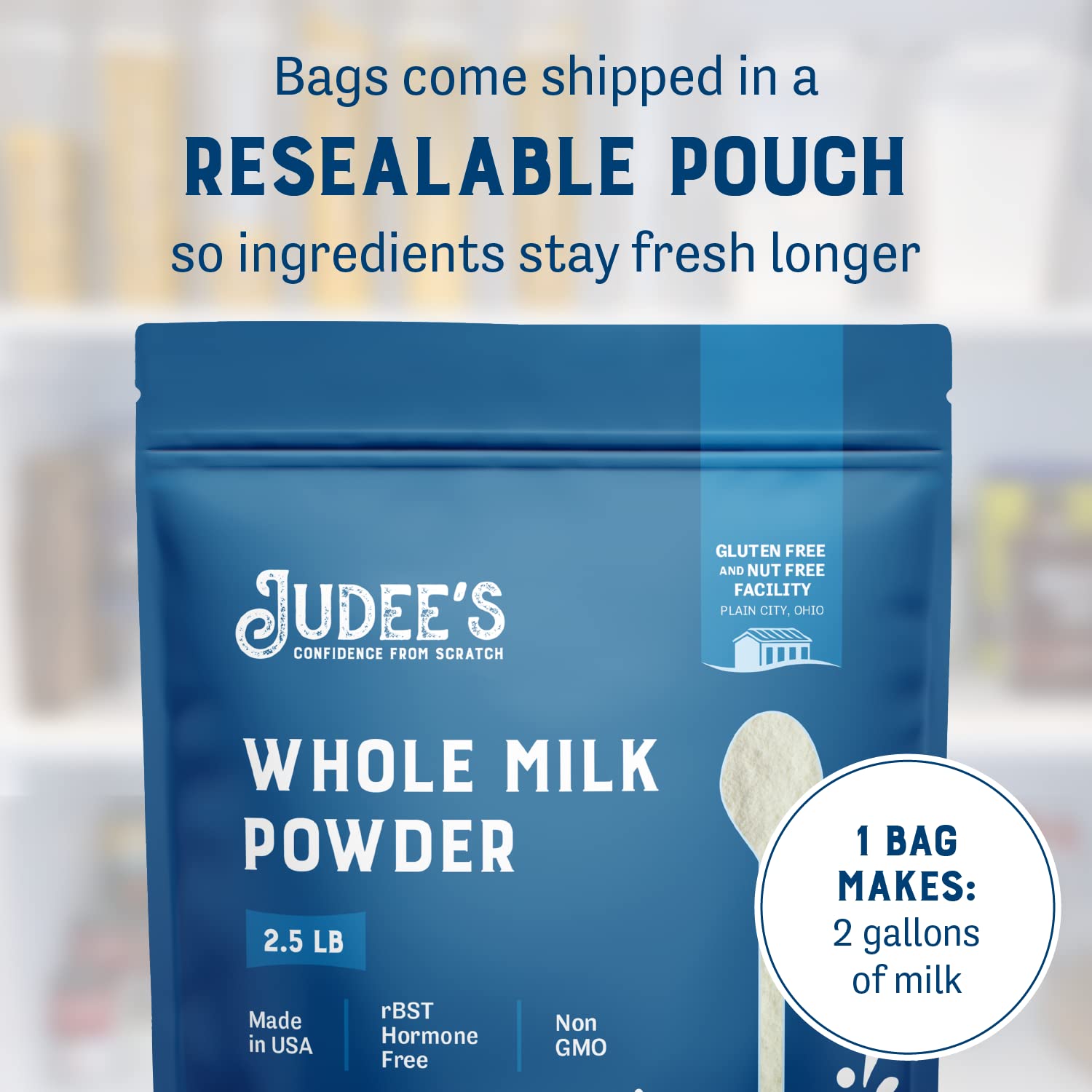 Judee's Gluten Free Whole Milk Powder dissolves in warm water for easy recipe hydration.
