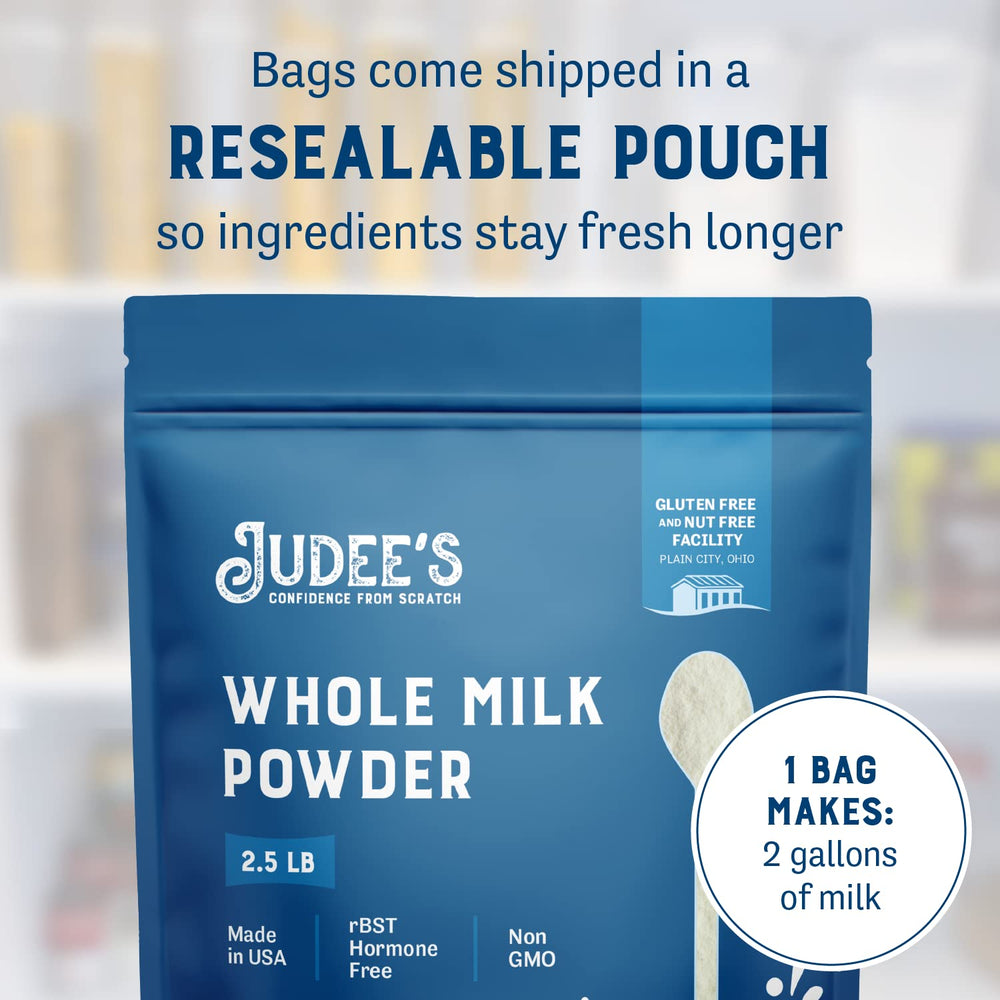 Judee's Gluten Free Whole Milk Powder dissolves in warm water for easy recipe hydration.