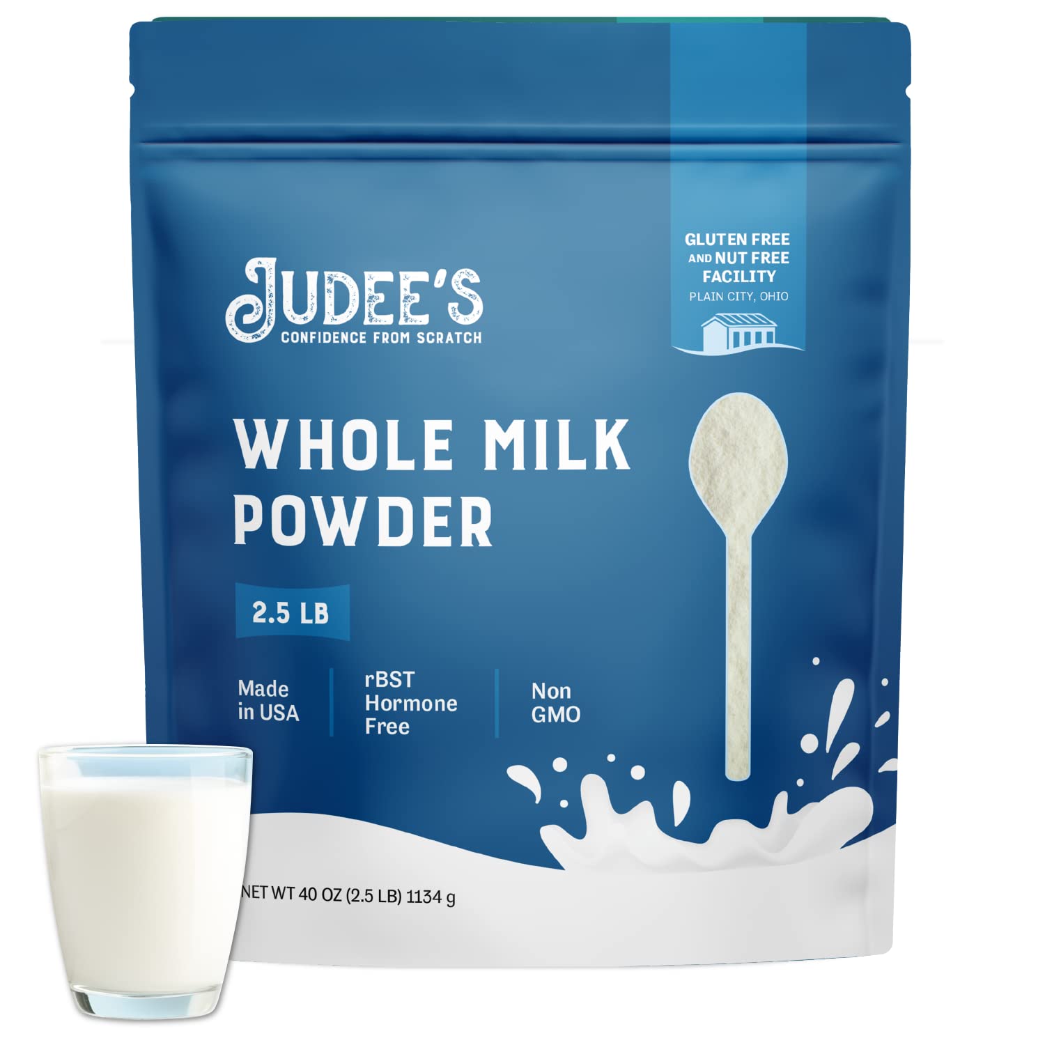Judee's Gluten Free Whole Milk Powder pouch front showing premium shelf-stable ingredient for kitchens.
