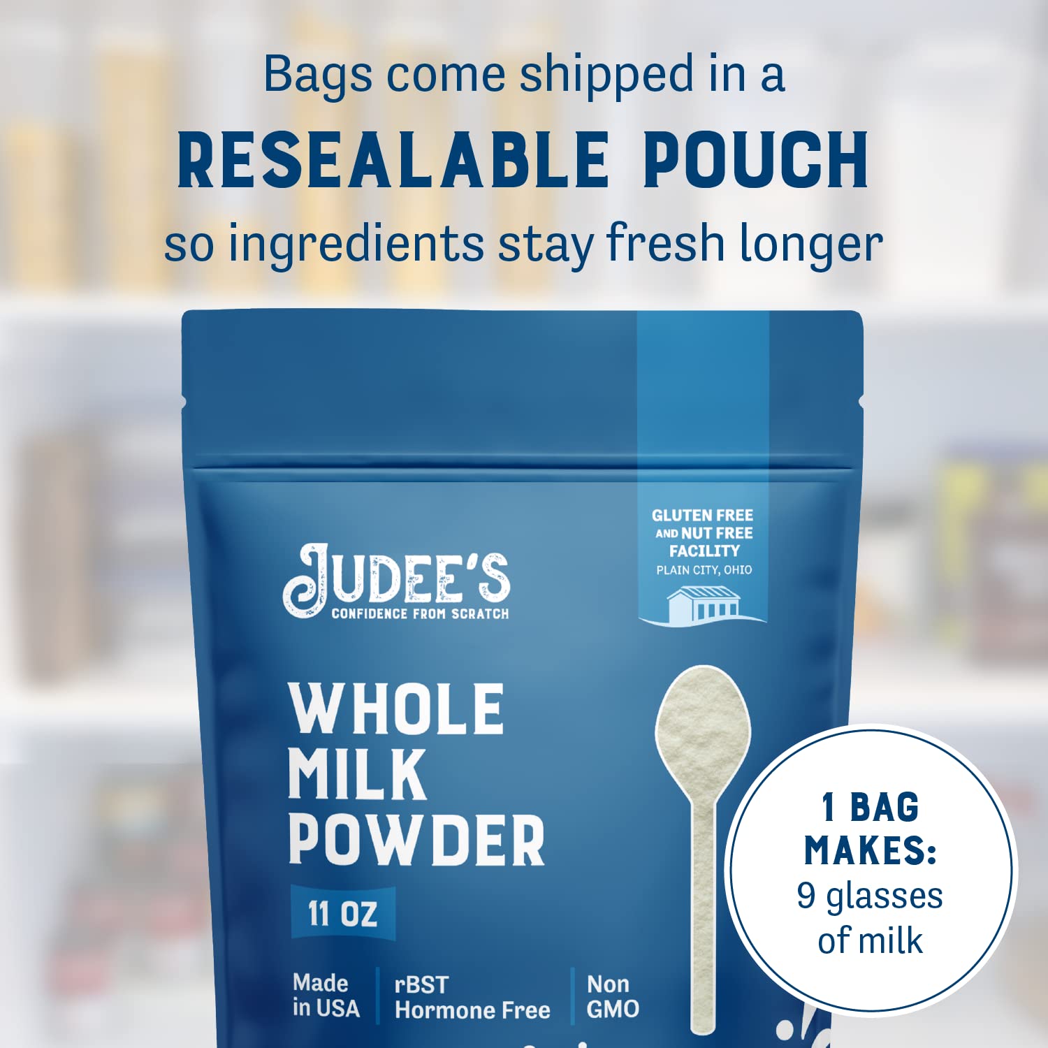 Judee's Whole Milk Powder label close-up emphasizing pure ingredients.