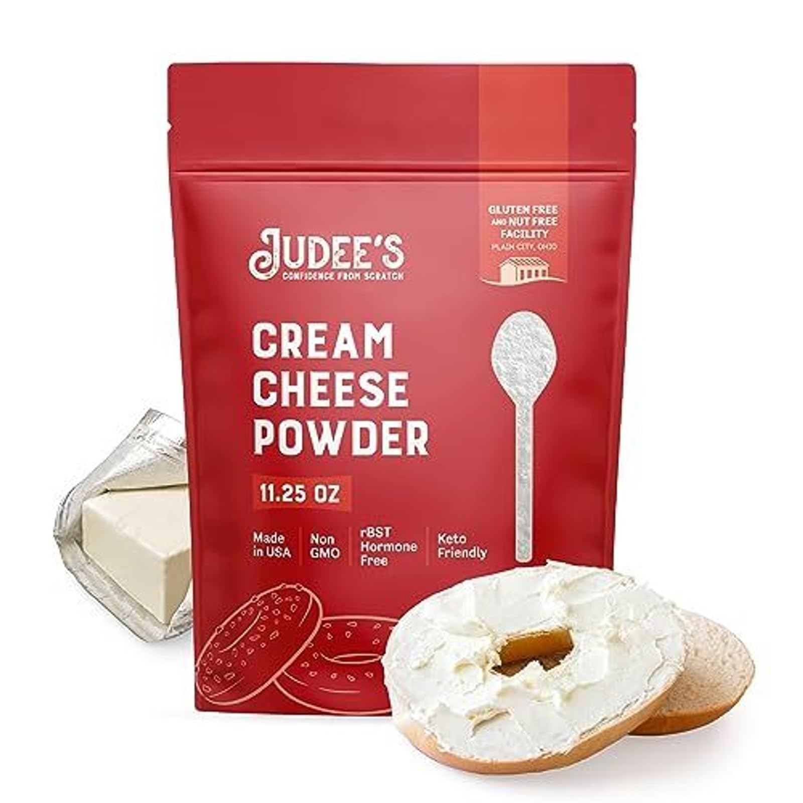 Judee's Powdered Cream Cheese packaging in resealable pouch promotes freshness for quick baking.